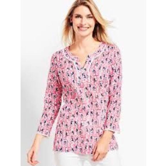 Talbots Monkey Print Tunic Top Sz 2X Pink White Embroidered - Picture 1 of 10